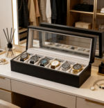 Addreen 6 Slot Watch Box for Men, Solid Espresso Wood Watch Display Case with Glass Top, Luxury Watch Organizer Storage Box - Image 3