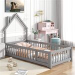 Addreen Childish Fenced Double House Shaped Wood Floor Bed Chimney Headboard Eco-Friendly Modern Convertible Twin Bedroom Kids