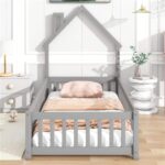 Addreen Childish Fenced Double House Shaped Wood Floor Bed Chimney Headboard Eco-Friendly Modern Convertible Twin Bedroom Kids - Image 2