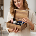 Addreen Hinged Acacia Wood Storage Box, Dual Size 3x5 & 4x6 Jewelry Card Holder, Bridal Shower Decorative Gift case
