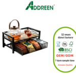 Addreen Industrial 2 Tier Tea Bag Organizer for Countertop Rustic Wood Tea Station With Pull Out Metal Mesh Drawer Storage Box