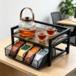 Addreen Industrial 2 Tier Tea Bag Organizer for Countertop Rustic Wood Tea Station With Pull Out Metal Mesh Drawer Storage Box - Image 2