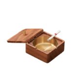 Addreen Luxury Engraved Wooden Ashtray with 3 Cigar & Cigarette Rests Windproof Metal Ash Tray for Table Decor