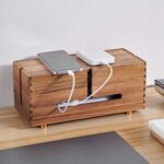 Addreen Modern Acacia Wood Cable Management Box 4 Metal Feet Desk Floor Under Desk Wire Concealer 12.2x5.3 Inches Storage Box - Image 3