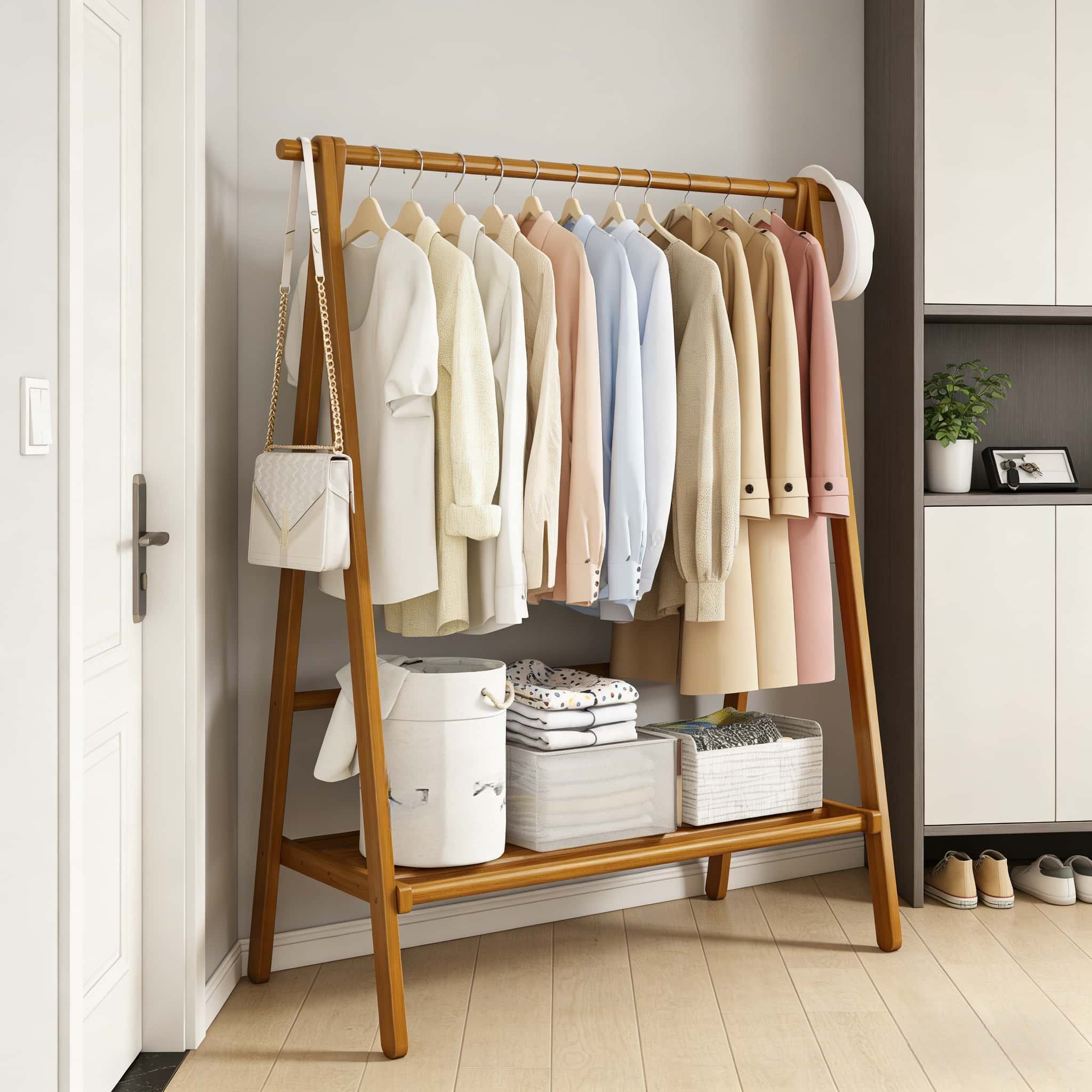 Addreen Modern Bamboo Coat Rack Floor Standing Clothes Hanger with Storage Shelf Garment Rack01 Addreen Modern Bamboo Coat Rack Floor Standing Clothes Hanger with Storage Shelf Garment Rack - Image 1