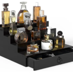 Addreen Modern Black Wood 4-Tier Perfume Organizer Rectangular Bamboo Storage Drawers Felt Lining Hidden Compartment for Makeup