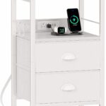 Addreen Modern End Table with Charging Station Nightstand with 2 Fabric Drawers and USB Ports Outlets Bedroom Furniture0
