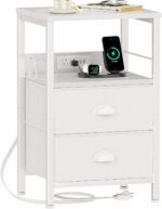 Addreen Modern End Table with Charging Station Nightstand with 2 Fabric Drawers and USB Ports Outlets Bedroom Furniture0