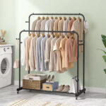 Addreen Modern Freestanding Iron Durable Closet Garment Rack Storage Shelves Coat Hat Hooks Living Room Bedroom Black Easy
