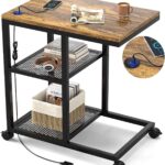Addreen Modern Metal C Shape Side Table with Charging Station and Shelf Storage for Bedroom & Living Room