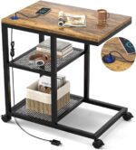 Addreen Modern Metal C Shape Side Table with Charging Station and Shelf Storage for Bedroom & Living Room