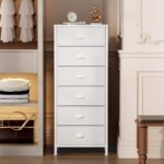 Addreen Modern White Tall Dresser with Panel Design for Bedroom Vertical Storage Tower and End Table Featuring 6 Fabric Drawers