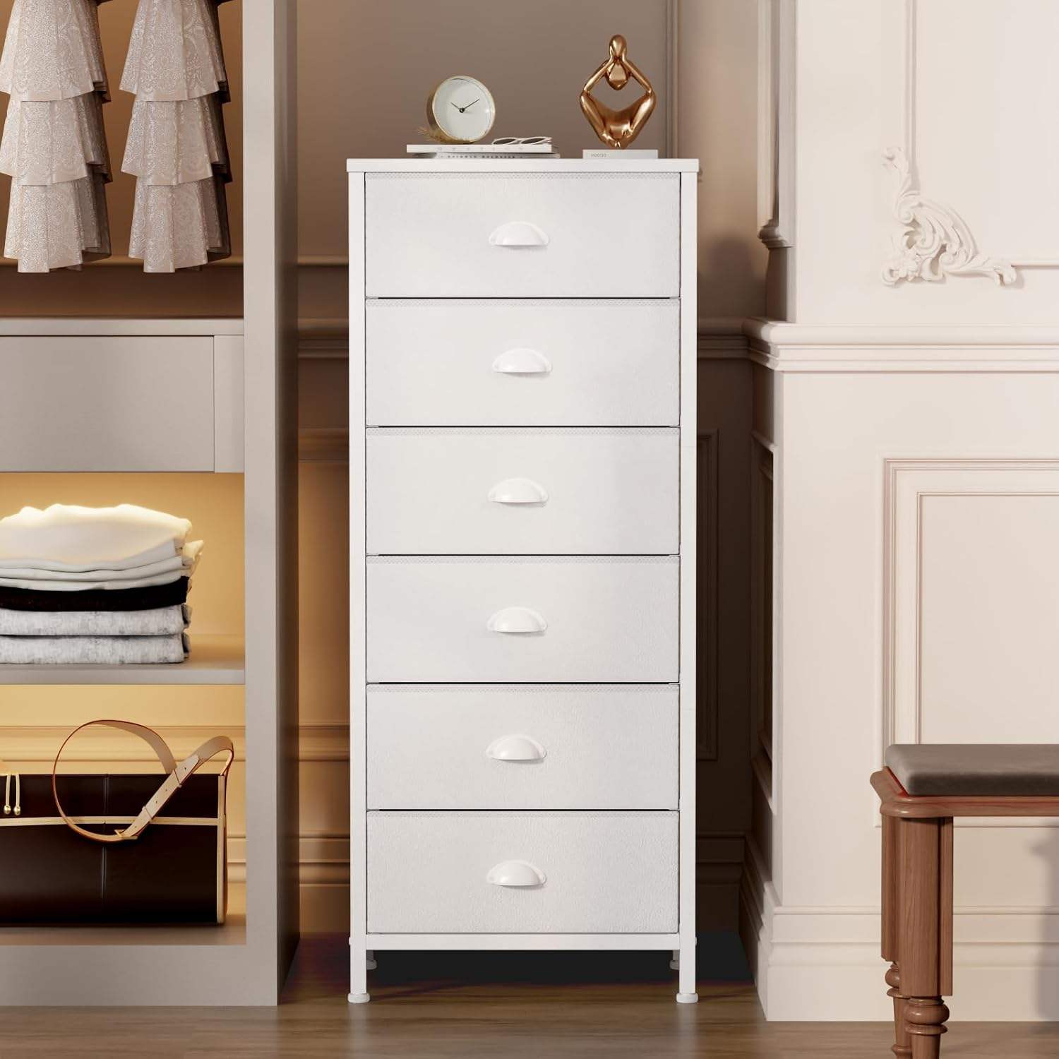 Addreen Modern White Tall Dresser with Panel Design for Bedroom Vertical Storage Tower and End Table Featuring 6 Fabric Drawers01 Addreen Modern White Tall Dresser with Panel Design for Bedroom Vertical Storage Tower and End Table Featuring 6 Fabric Drawers - Image 1