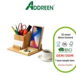 Addreen Natural Bamboo Wooden Wireless Charging Station 15W Quick Charge Desktop Organizer Pen Container Phone Holder