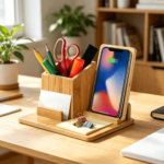 Addreen Natural Bamboo Wooden Wireless Charging Station 15W Quick Charge Desktop Organizer Pen Container Phone Holder - Image 2