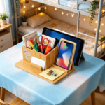 Addreen Natural Bamboo Wooden Wireless Charging Station 15W Quick Charge Desktop Organizer Pen Container Phone Holder - Image 3