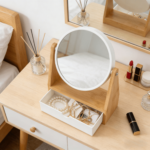 Addreen Portable 2 in 1 Bamboo Makeup Mirror with Storage Drawer - Small Round Cosmetic Mirror Organizer for Bathroom Vanity - Image 2