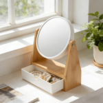 Addreen Portable 2 in 1 Bamboo Makeup Mirror with Storage Drawer - Small Round Cosmetic Mirror Organizer for Bathroom Vanity - Image 3