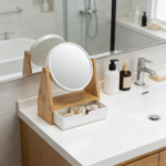 Addreen Portable 2 in 1 Bamboo Makeup Mirror with Storage Drawer - Small Round Cosmetic Mirror Organizer for Bathroom Vanity
