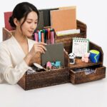 Addreen Retro Distressed Wood Desktop Document Organizer Multi Section Mail Holder With Pull Out Drawer