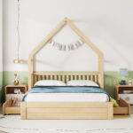 Addreen Wood Montessori House Convertible Tent Bed Frame Safety Guardrail Low Teepee Bed Eco-Friendly Twin Size Slat Support