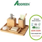 Asashizen 4-Piece Handmade Bamboo Bathroom Accessories Set Soap Dish Holder Shower Lotion Dispenser Mouthwash Rinse Cups for