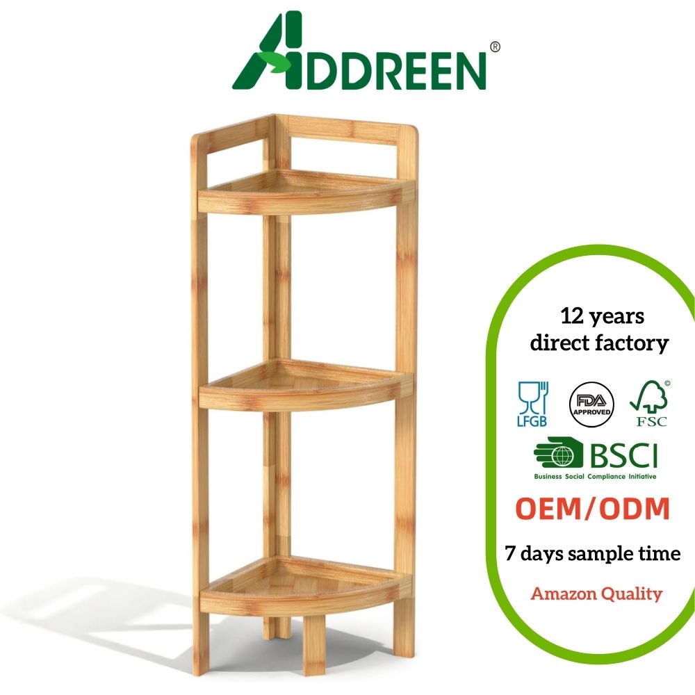 Bamboo 3-Tier Corner Shelf Stand Free-Standing Space-Saving Waterproof Durable for Bathroom Kitchen & Living Room Storage01 Bamboo 3-Tier Corner Shelf Stand Free-Standing Space-Saving Waterproof Durable for Bathroom Kitchen & Living Room Storage - Image 1