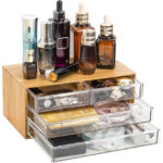 Bamboo Desktop Organizer 4 Clear Acrylic Drawers Rectangle Makeup Jewelry Storage Box Dresser Display Case for Skincare Storage