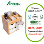 Bamboo Makeup Organizer with 3 Drawers Dresser Cosmetic Organizer Box Bamboo Desk Organizer for Home with Adjustable Dividers