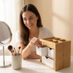 Bamboo Makeup Organizer with 3 Drawers Dresser Cosmetic Organizer Box Bamboo Desk Organizer for Home with Adjustable Dividers - Image 2