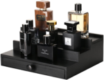 Black 3-Tier Wooden Cologne Organizer with Hidden Compartment and Drawer for Convenient Perfume Storage Display Stand