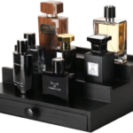 Black 3-Tier Wooden Cologne Organizer with Hidden Compartment and Drawer for Convenient Perfume Storage Display Stand