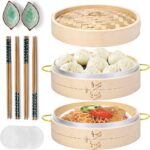 Eco-Friendly Bamboo Steamer Basket Set 10-Inch Side Handles 2-Layer Design Ceramic Sauce Dishes Paper Liners Pot Cover 600 Cubic