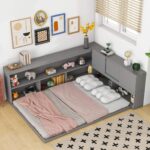 HR Eco-Friendly Modern Wooden Grey Full Size Convertible Daybed Storage Shelves Multi-Functional Bed Trundle Bed Study Desk Kids