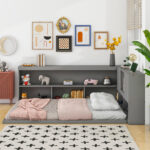 HR Eco-Friendly Modern Wooden Grey Full Size Convertible Daybed Storage Shelves Multi-Functional Bed Trundle Bed Study Desk Kids - Image 2