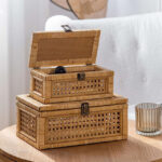 Handmade Bamboo Modern Rectangle Portable Picnic Basket Flexible Camping Storage Box - Image 3