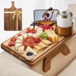 Modern Portable Acacia Wood Storage Tray Living Room Narrow Wide Recliner TV Entertaining Snack Table Couch Arm Phone Holder