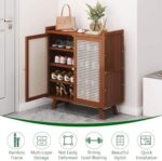 Rattan Farmhouse Freestanding Shoe Storage Cabinet with 2 Doors and 5 Shelves Large Capacity Entryway Shoe Organizer - Image 2