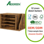 Rustic Wood Desk File Organizer With 4 Horizontal Document Trays And 1 Vertical Mail Sorter Slot For Home Office Storage