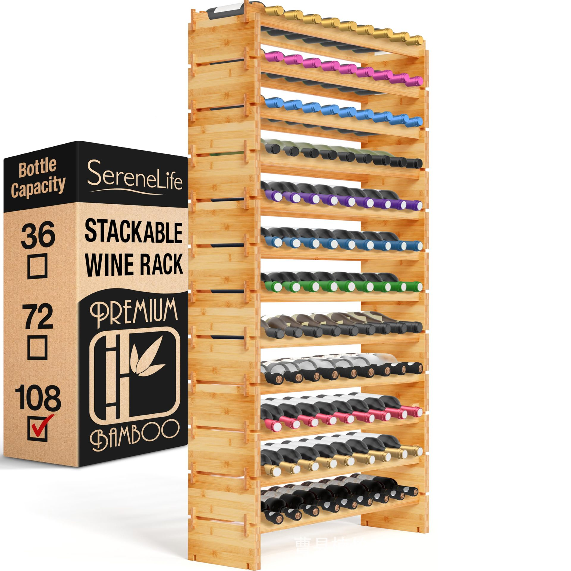 Stackable Foldable Bamboo Wine Rack 108 Bottles Freestanding Modern Wine Storage & Display Rack Floor Standing Home Bar Cellar01 Stackable Foldable Bamboo Wine Rack 108 Bottles Freestanding Modern Wine Storage & Display Rack Floor Standing Home Bar Cellar - Image 1