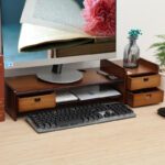 Teal Bamboo Desktop & Drawer Organizer with Elevated Computer Monitor Bracket Keyboard Storage Rack & Laptop Base - Image 2