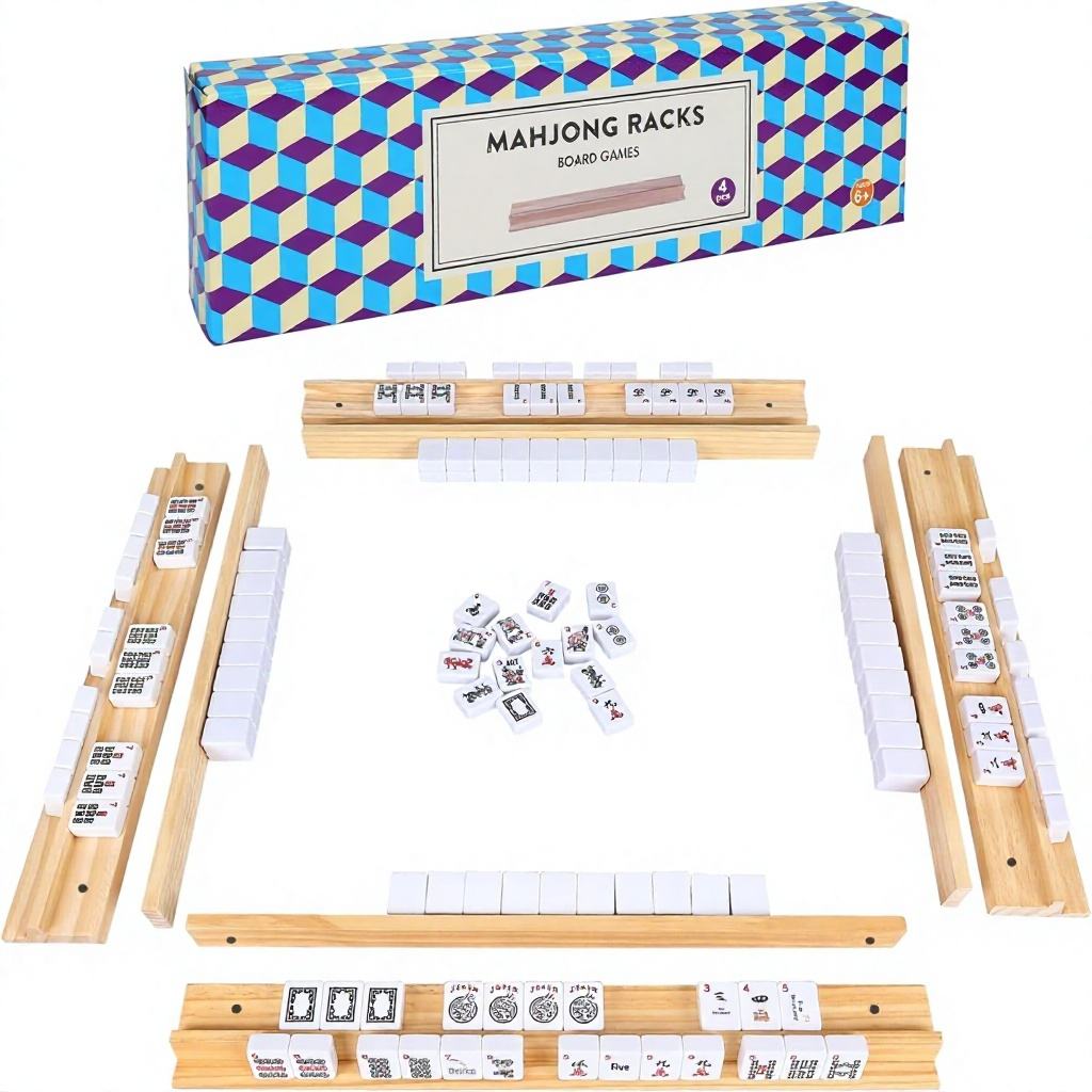 Upgraded Rectangular Mahjong Racks Set 4 Trays Wooden Holders Magnetic Pushers Dominoes (Includes Magnetically Attached Pushers)01 Upgraded Rectangular Mahjong Racks Set 4 Trays Wooden Holders Magnetic Pushers Dominoes (Includes Magnetically Attached Pushers) - Image 1