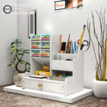 White Bamboo Desktop Storage Organizer Box Lacquer Finish Square Shape for Markers Pens Whiteboard Stationery Supply Office Use - Image 3