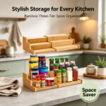 Addreen Bamboo Expandable Three Layer Cabinet Organizer Shelf Rectangular Spice Rack Kitchen Space Saver Countertop Display - Image 3