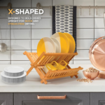 Bamboo Dish Drying Rack Collapsible Foldable Floor-Mounted Kitchen Drainer Space-Saving Plate Holder - Image 2