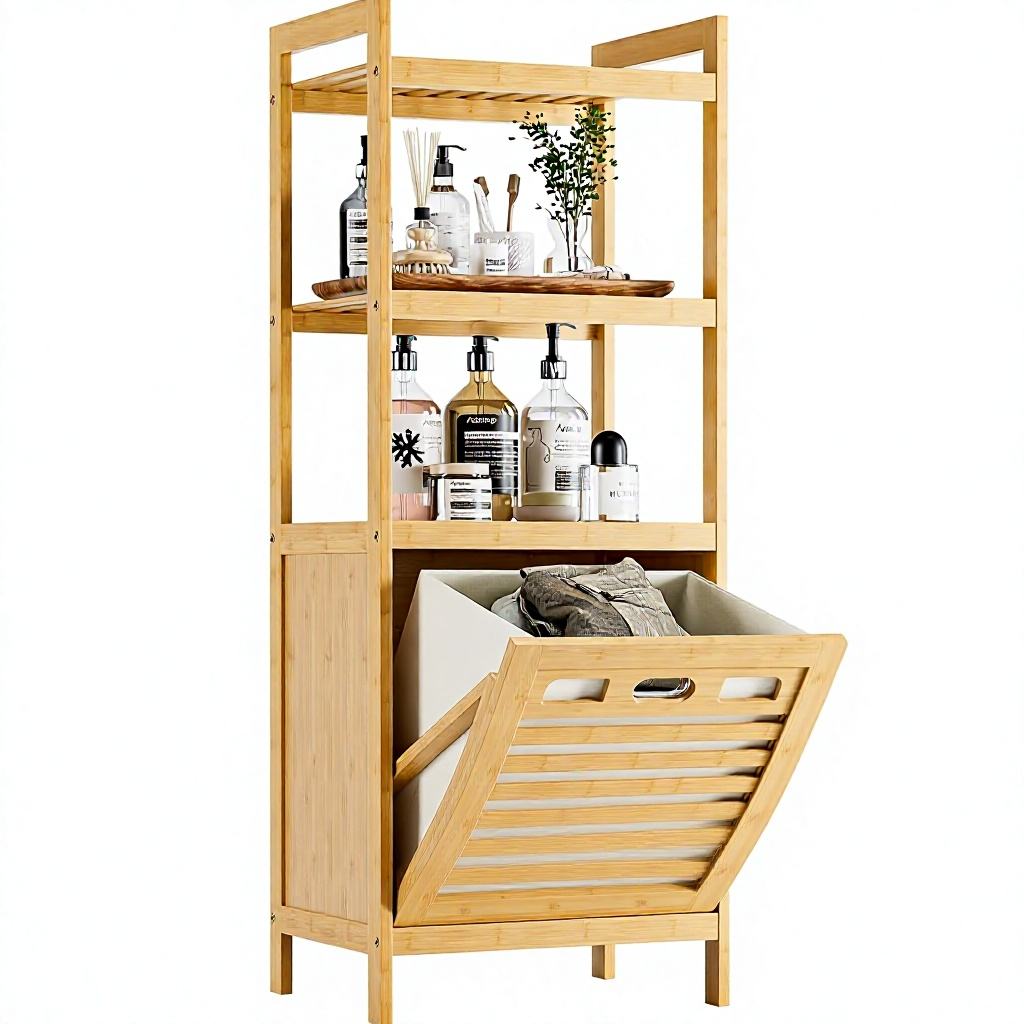 Bamboo Laundry Hamper Foldable Basket 3 Open Shelves Freestanding Modern Lightweight Clothes Storage Organizer01 Bamboo Laundry Hamper Foldable Basket 3 Open Shelves Freestanding Modern Lightweight Clothes Storage Organizer - Image 1