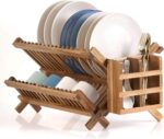 Bamboo Three Tier Collapsible Dish Drying Rack Folding Plate and Bowl Holder Standing Kitchen Counter Organizer - Image 2