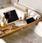 Best Selling Eco-Friendly Bathtub Caddy Stand Reading Rack Tray Natural Bamboo Color Bamboo Material 70-106x23x4CM Stocked - Image 2