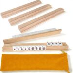 Non-Folding Standing Wooden Mahjong Rack Set of 4 17.3" Double Tier Magnetic Pushers-Durable Beech Wood for Secure Play
