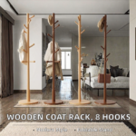 Solid Wooden Modern Coat Rack Freestanding Hall Tree with 8 Hooks 3 Height Options for Bedroom Tool-Free Assembly - Image 2